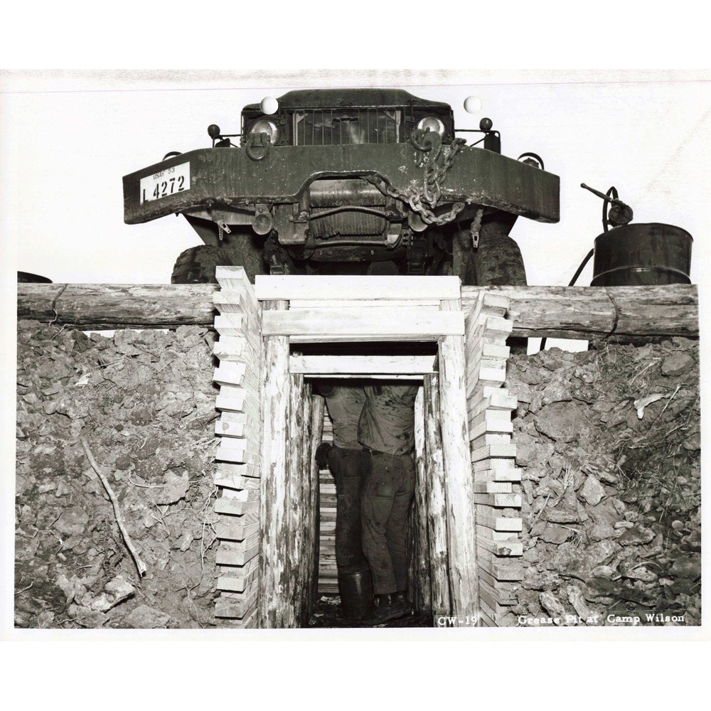 Vintage Military Photo Grease Pit Camp Wilson Truck Maintenance GW-19 B&W